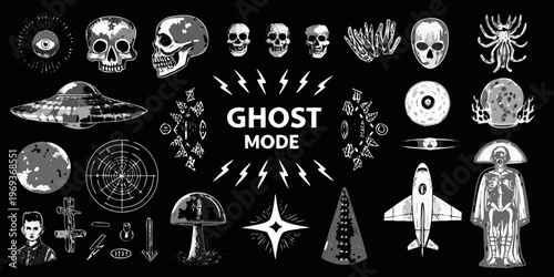 A spooky collection of skulls ghosts ufo s and occult symbols