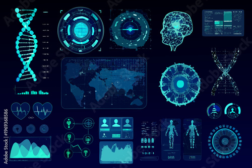 Futuristic interface displaying data visualizations of genetics technology and human anatomy