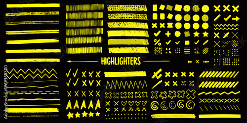 Collection of bright yellow highlighter brush strokes and doodle elements