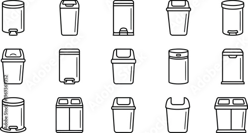 Diverse collection of outline icons featuring various styles of trash cans and waste bins