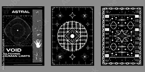 Three dark tarot cards featuring abstract geometric and cosmic designs