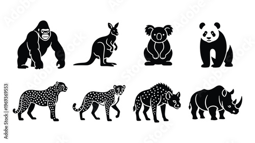 A collection of diverse animal silhouettes including a gorilla kangaroo cheetah and panda displayed in a flat design silhouette high quality