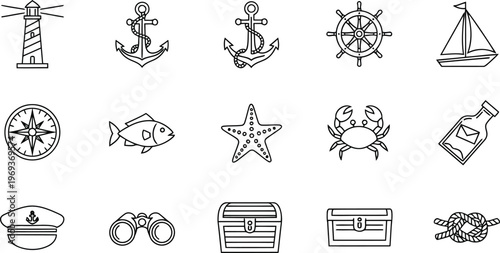 Nautical and marine outline icons collection with anchors, lighthouse, sailboat, compass, and sea creatures