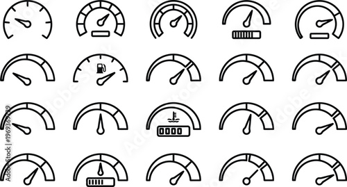 Speedometer and gauge outline icons set for performance measurement, status indicators, and dashboard displays, semi circle