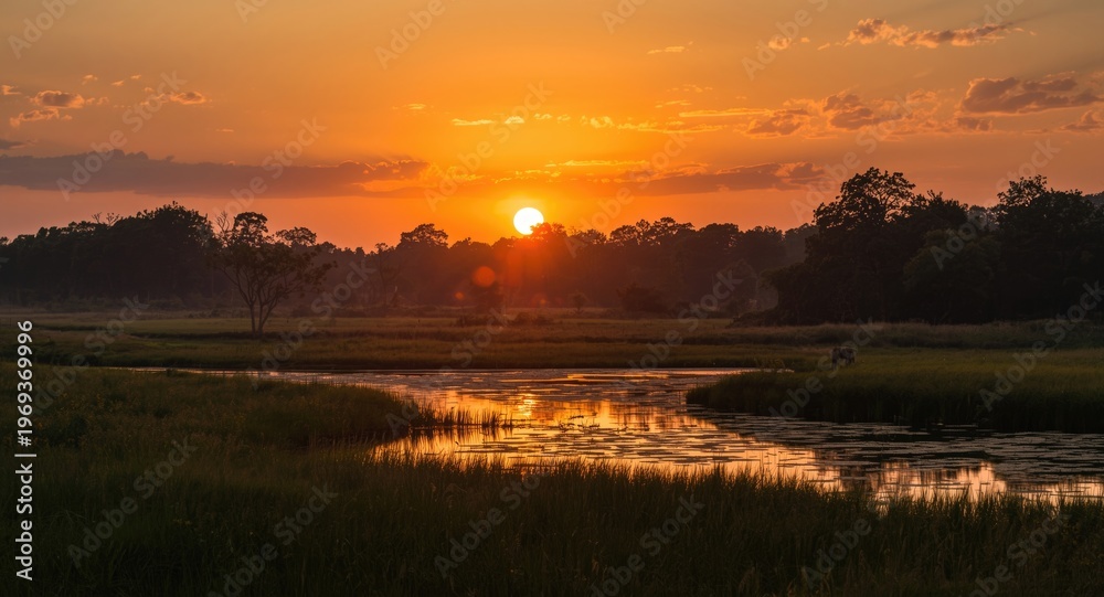 Naklejka premium Sunset glow illuminating a tranquil wildlife sanctuary