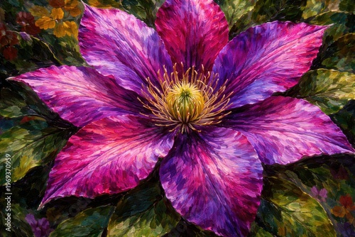 Detailed close up oil painting of a vibrant clematis flower in rich colors