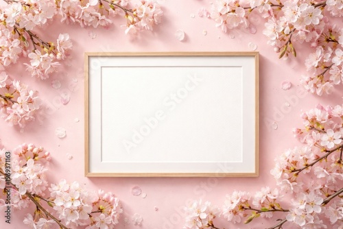 Flat lay with blank frame mockup and cherry blossoms on pink background for creative design