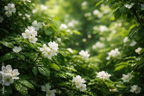 lush greenery background with white flower petals and vibrant green leaves enhancing natural plant beauty