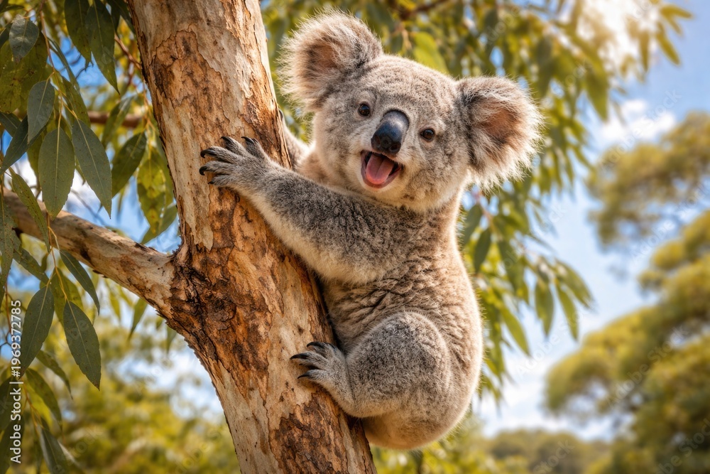 Fototapeta premium Playful koala climbing a eucalyptus tree on a sunny day