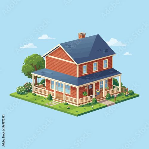 Beautiful suburban home vector illustration. Isometric house with porch, garden, and mailbox. Ideal for property themes