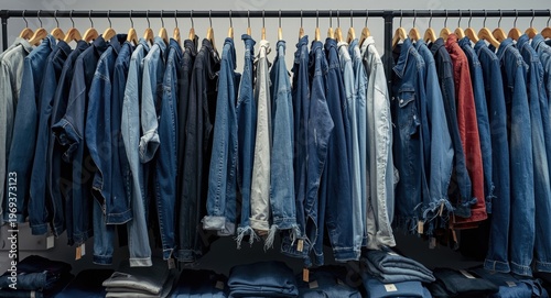 Diverse denim outfits displayed alongside cotton fabric items in store