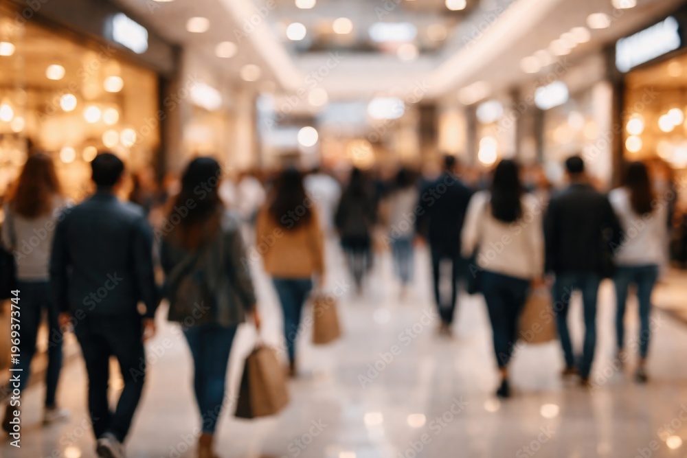 Fototapeta premium Blurred crowd walking inside shopping mall with bokeh lights