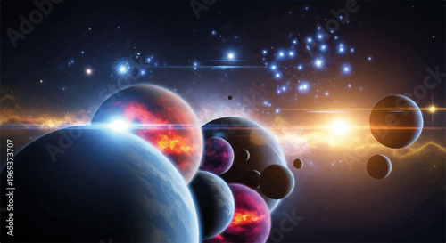 Vibrant planets, celestial bodies, space background, astronomy illustration, colorful cosmic scene