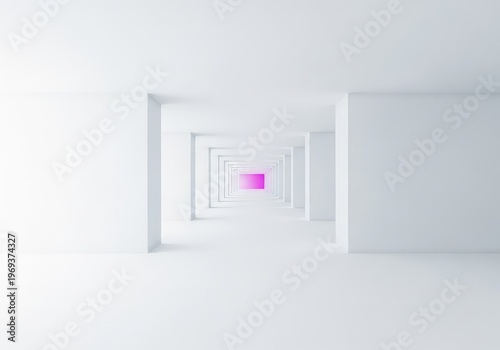 Deep architectural perspective showing a long, empty, minimalist white hall receding into the distance, emphasizing space and void, opportunity, clean, three dimensional