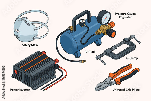 Collection of industrial and DIY tools presented in a detailed isometric vector style for various projects