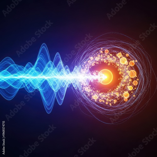 Dynamic abstract rendering visualizing the fundamental concept of wave particle duality in quantum physics and energy theory, digital, light, sphere