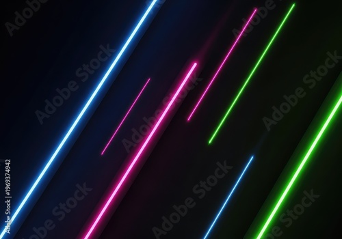 Dynamic digital abstract background featuring vibrant neon fluorescent lines and geometric light paths against a deep dark void, dynamic, render, fluorescent