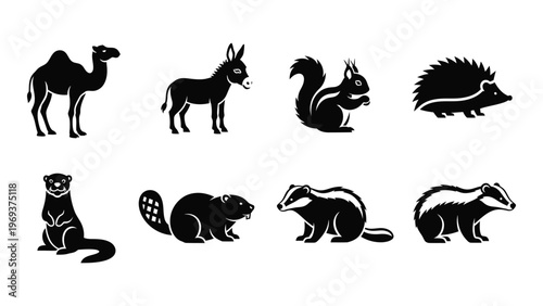 A collection of eight animal silhouettes including a camel donkey squirrel and badger presented in black high quality professional detailed modern