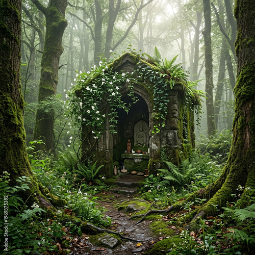 Ancient stone shrine covere...