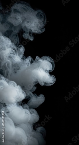 Ethereal white smoke or thick vapor swirling slowly against a dark, featureless background, creating a serene, abstract texture and moody atmosphere, dark, weather, fantasy