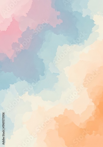Gentle abstract background featuring soft, flowing watercolor textures in muted pastel tones of pink, blue, cream, and apricot. Ideal for tranquil design, watercolor, fluid, cream