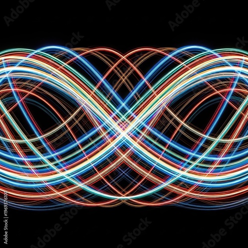 Hypnotic abstract background featuring smooth, continuous light trails creating an endless rhythmic pattern and flow of energy and structure, line, futuristic, continuous