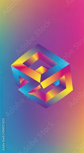 Impossible geometric structure in vibrant color space creating a complex optical illusion of non-existent depth and deceptive form, concept, aesthetic, digital