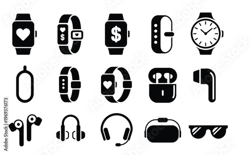 Collection of modern wearable technology and audio device icons in black and white.