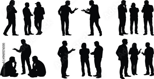 Silhouettes of people talking and interacting in various poses