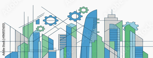 Cityscape with modern buildings and gears.