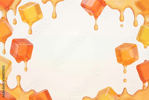 Melting jelly cubes with dripping syrup on a white background