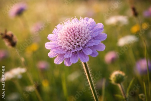 Vibrant Field Scabious Flower Close-Up in Natural Meadow Light