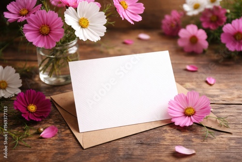 Cosmos flower bloom with blank greeting card on wooden table