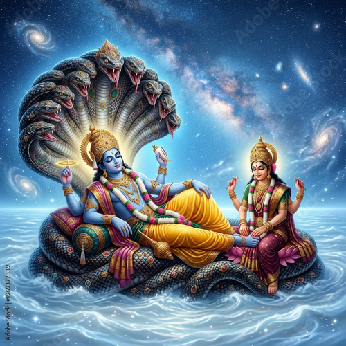 Lord Vishnu and Goddess Lakshmi reclining on a serpent in the cosmic ocean
