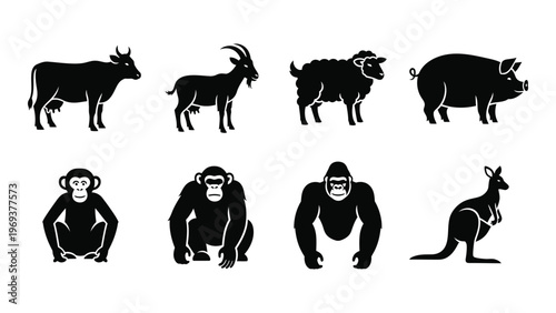 A collection of black animal silhouettes showcases a cow goat sheep pig monkeys gorilla and kangaroo silhouette high quality professional detailed