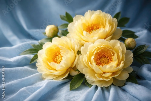Yellow peony blooms on soft textile fabric with blue backdrop