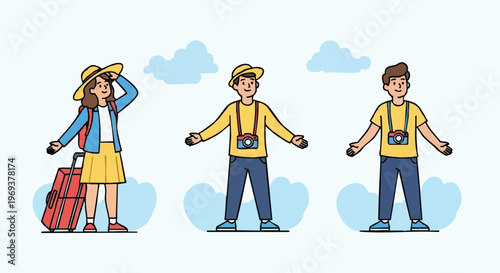 A group of three happy young tourists standing together and getting ready for a summer vacation