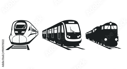 A collection of three different train silhouettes shown from a perspective view on white background