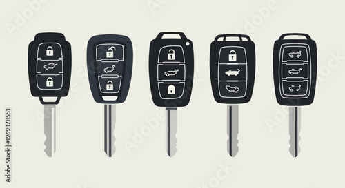 Car remote key collection with modern black automotive fobs