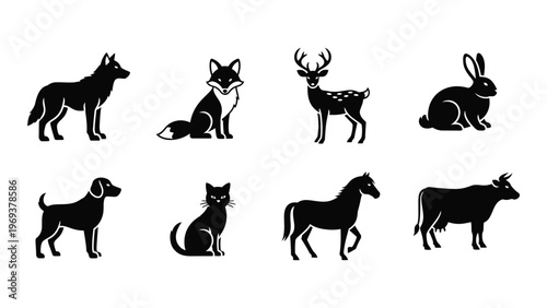 A collection of various animal silhouettes including a wolf fox deer rabbit dog cat horse and cow silhouette high quality professional