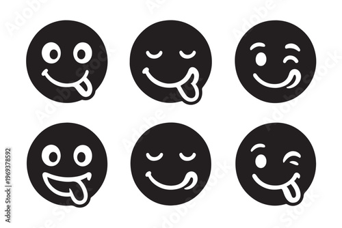 Yummy face emoji set, hungry smile with tongue out icons.