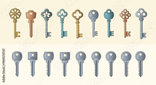 Assorted metal key set with colorful vintage and modern styles