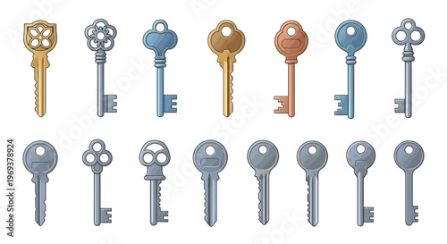 Colorful key collection with vintage shapes and metal heads