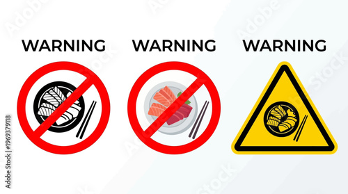 Vector set of warning signs for uncooked seafood, illustrating food safety concerns and health risks associated with raw fish consumption and dietary precautions