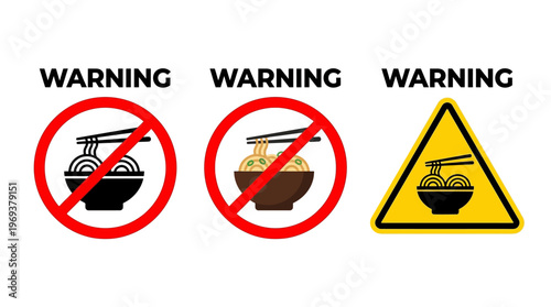 Graphic set of warning icons related to noodle dishes, illustrating food consumption restrictions, prohibitions, and general cautionary alerts for dietary or safety guidelines