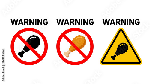 A clear collection of warning signs indicating a prohibition or caution against consuming chicken drumsticks, suitable for dietary restrictions, health alerts, or food safety information graphics