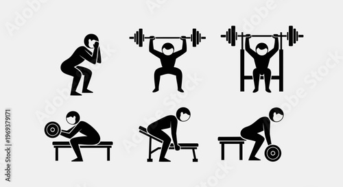 Weightlifting silhouette set with squat press and deadlift poses