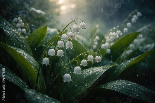 Delicate lily of the valley flowers blooming on a rainy morning