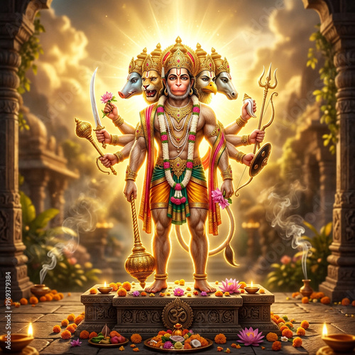 Panchamukhi Hanuman with five faces, divine glow, Hindu mythology deity