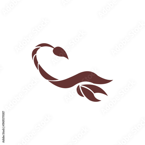 An elegant, minimalist logo in a deep chocolate brown that merges the form of a scorpion with organic, leaf-like shapes.